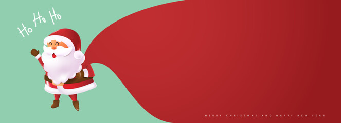 Merry Christmas banner with cute funny Santa Claus holding a big red bag and free space