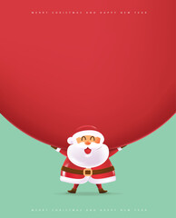 Merry Christmas banner with cute funny Santa Claus holding a big red bag and free space