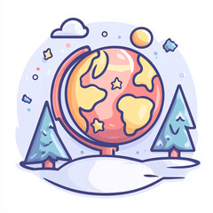 Fototapeta premium A colorful globe surrounded by snow-covered trees, stars, and clouds, creating a whimsical winter scene.