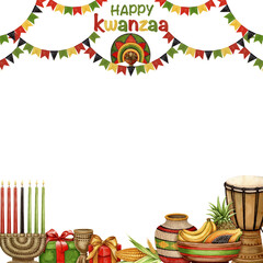 Happy Kwanzaa square frame with garland, Kinara, drum, fruit plate and gift. Hand drawn watercolor holiday illustration of traditional symbol. Isolated drawing for African-American designs.