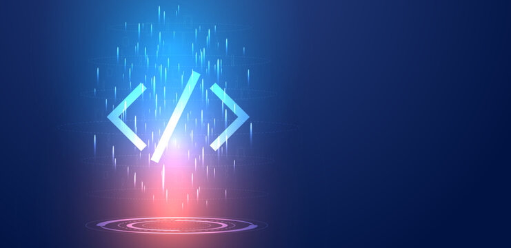 Abstract code binary number with glowing light. Digital data and software development background.