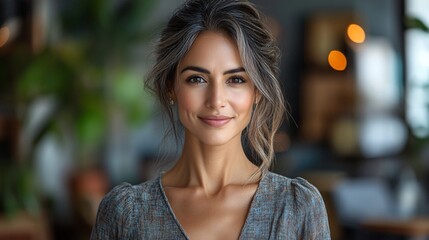 Fototapeta premium Woman smiles brightly in cozy cafe setting
