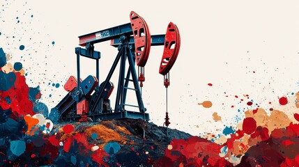 A simple, geometric image shows oil pumps working on an oil well.  The image represents the process of taking oil from underground.