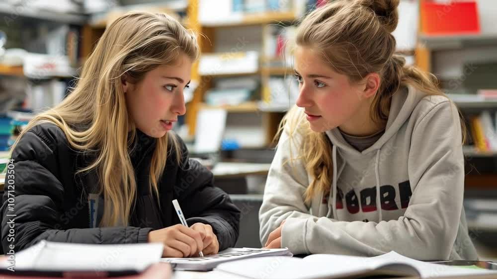 Poster This Two students intently discuss their assignments while reviewing notes at a cluttered study table.