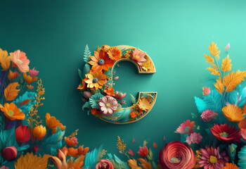 A 3D rendering of the letter C made of colorful flowers and leaves on a teal background.