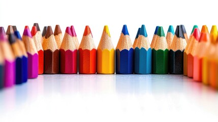 Fototapeta premium Colorful pencils arranged in a row on a white background.
