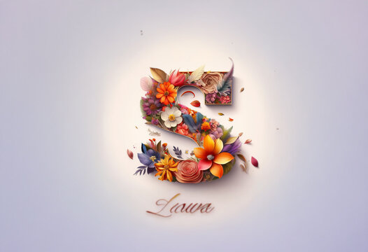A stylized letter "S" is formed from colorful flowers and petals against a soft purple background.