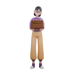  3D Cartoon Dance Model. A female dancer is standing while both of her hands are holding a briefcase. Fun Performer Character