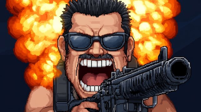 Pixel Art Soldier Gun Explosion Action Game 8 bit Retro Combat Military Weapon Shooter Warfare
