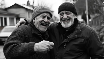 Fototapeta premium Two elderly friends hugging after many years, both teary but smiling. Generative AI.