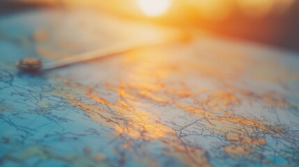 Compass needle pointing on a map, with the sun setting in the background.