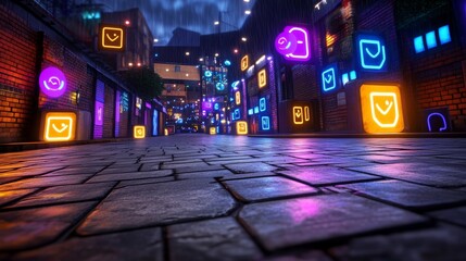 Neon Alleyway Cyberpunk Night Cityscape Rainy Night Futuristic Street Scene