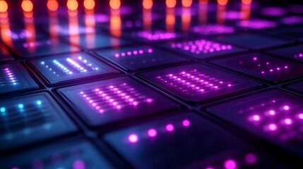Futuristic Technology Abstract Neon Grid Illuminated Panels Digital Network