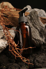 Amber Pump Bottle with Natural Stone and Dried Branch Decor