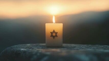 Burning candle with star of David in National mourning. Hanukkah, Passover, Shavuot, Yom Kippur holiday. Happy Independence Day of Israel, Memorial Day. Victims of cataclysm or war concept