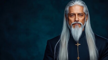 Portrait of a Calm Elegant Senior Man with Long Gray Hair and Beard