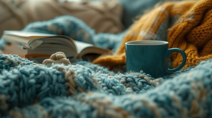 A detail shot of a fluffy pair of socks peeking out from under a knitted blanket lying next to a mug of ginger tea and a pile of books.
