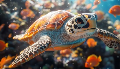 Fototapeta premium Sea turtle swimming through a thriving coral reef in an underwater paradise