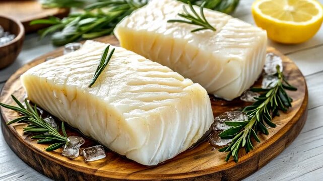 Fresh cod fillets on a wooden cutting board with ice and rosemary