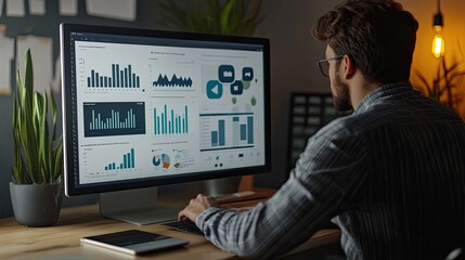 A digital marketer analyzing social media metrics on a large dashboard, showcasing the importance of data in growing online presence.