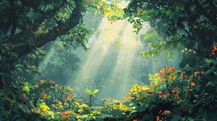 Obraz premium Enchanting Rainforest with Sunlight Rays