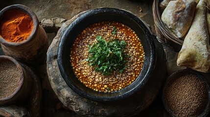 Traditional Ethiopian Dish in Rustic Setting