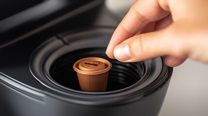 Hand Pressing Compostable Coffee Pod into Machine