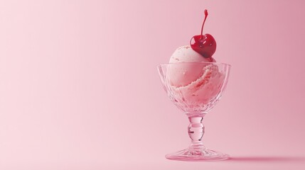 Cherry ice cream in a clear glass on a pastel pink background, topped with a fresh cherry
