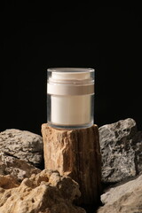 Minimalist Skincare Jar with Transparent Design on Natural Rock Display