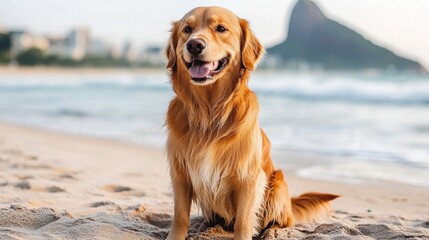 Golden Retriever enjoying sunny day on a picturesque beach with ocean waves and iconic Sugarloaf Mountain in the background during the perfect travel vacation