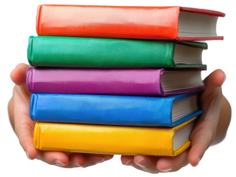 Colorful stacked books held in hands, symbolizing knowledge and learning