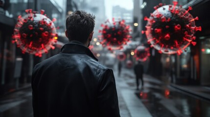 Businessman facing surreal coronavirus imagery during quarantine in urban setting