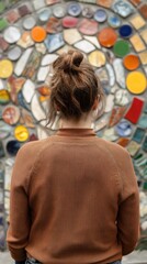 Contemplation in front of vibrant mosaic art