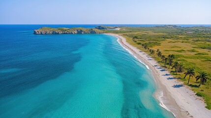 Stunning Aerial View of Tropical Caribbean Beach with Turquoise Water and Palm Trees, Ideal for Tropical Vacations, Nature Exploration, and Relaxation