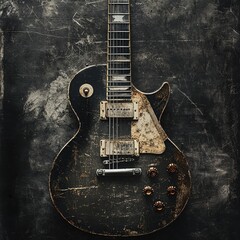 Aged Les Paul Guitar: A relic of rock 'n' roll history, a vintage Les Paul electric guitar with a distressed, aged finish rests against a dark, textured background.