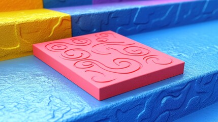 A pink square with a pattern of swirls sits on a blue textured step.