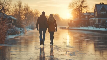 Fototapeta premium Couple Ice Skating on Frozen Pond at Sunset