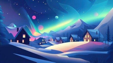 Obraz premium Aurora's Embrace: Nordic Village Serenity
