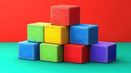 A pyramid of colorful wooden blocks on a red and turquoise background.