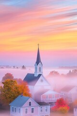 Fototapeta premium Village church steeple rising above the fog, soft pastel sky, quiet and enchanting rural morning, historical charm