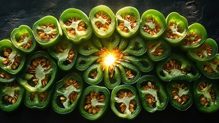 A half-circle of green pepper slices with a bright light in the center, radiating outwards.