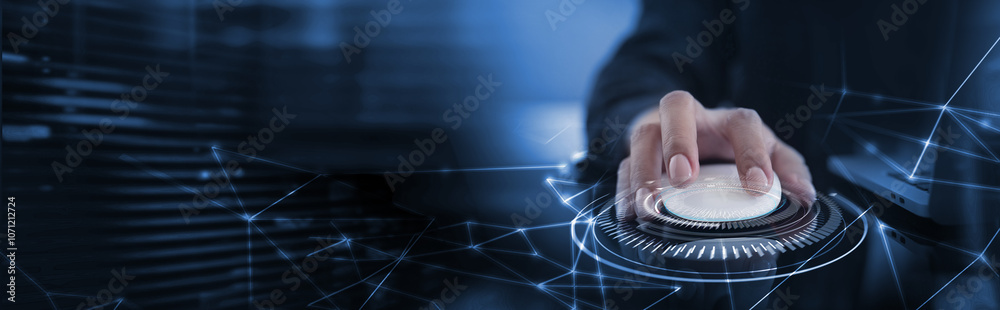 Fototapete Abstract technology background. Business man clicking on computer mouse with big data and internet network connection, digital technology, innovative blue future tech background