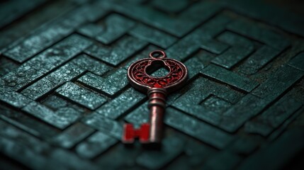 A red, ornate key lays on a textured, blue and green surface.