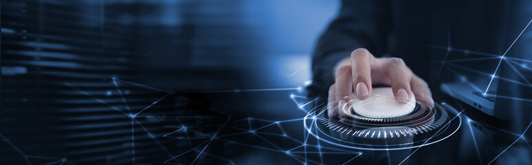 Abstract technology background. Business man clicking on computer mouse with big data and internet...