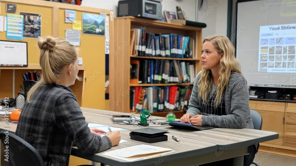 Aufkleber This discussion is taking place between two students in a classroom setting focused on learning.