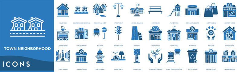 Town Neighborhood icon. House, Suburban Neighborhood, Residential Area, Street Lamp and School Building © kinder my