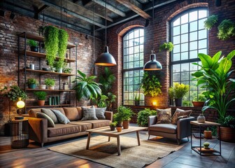 Surreal Cozy Industrial Interior with Brick Walls, Lush Greenery, and Stylish Furniture Bathed in Natural Light for Unique Home Decor Inspiration