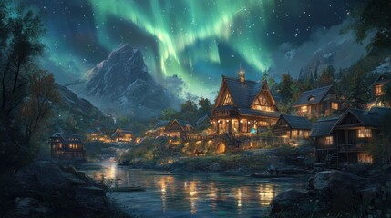Obraz premium Aurora's Embrace: Nordic Village Serenity