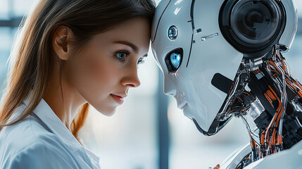 Fototapeta premium Women and robots are communicating, the concept of artificial intelligence