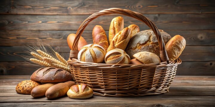 A wicker basket full of assorted breads, including loaves and rolls , wicker basket, bread, assorted, variety, bakery, homemade